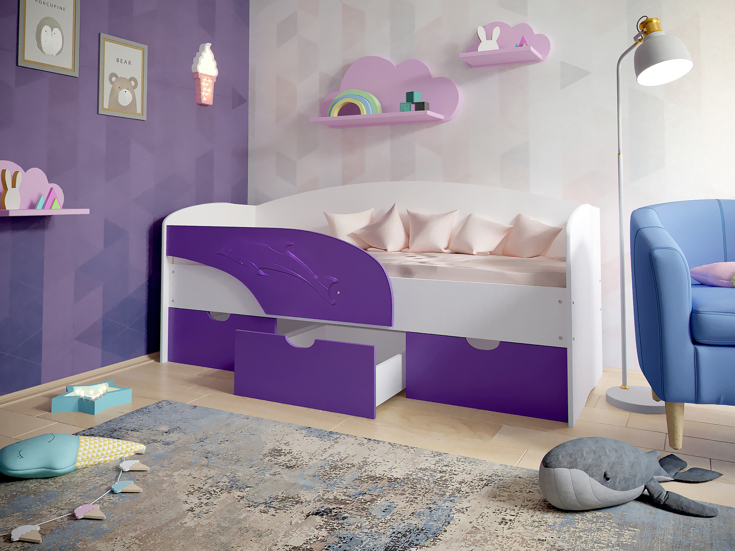 lit bébé dauphin violet