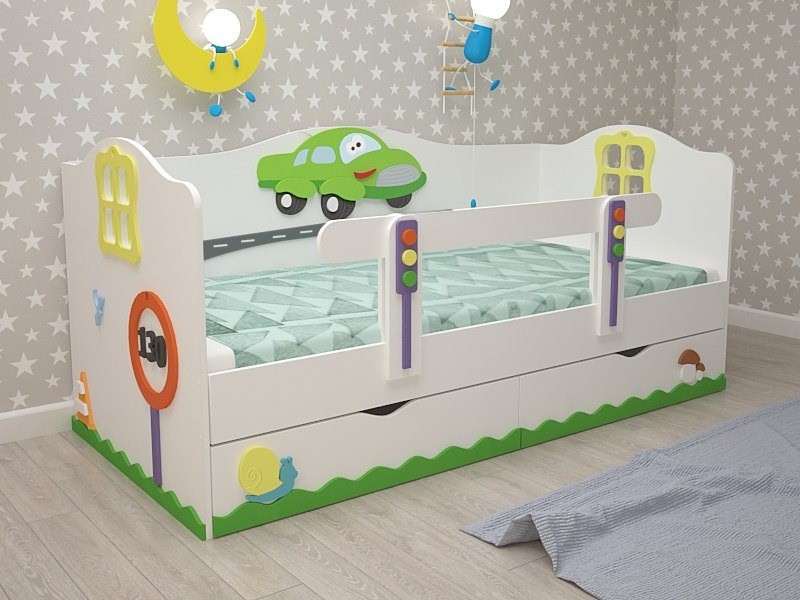 Kinderbett mit Stoßstangen und Schubladen