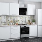 white kitchen set with hood