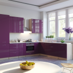 purple kitchen set with white walls