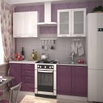 purple kitchen set with white cabinet
