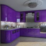 purple kitchen set with large chandelier
