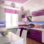 purple kitchen set with striped curtain