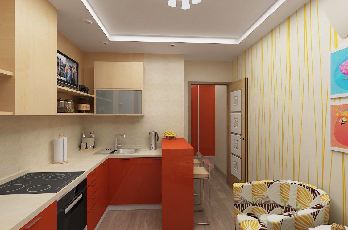 nhà bếp 9 mét vuông với một quầy bar
