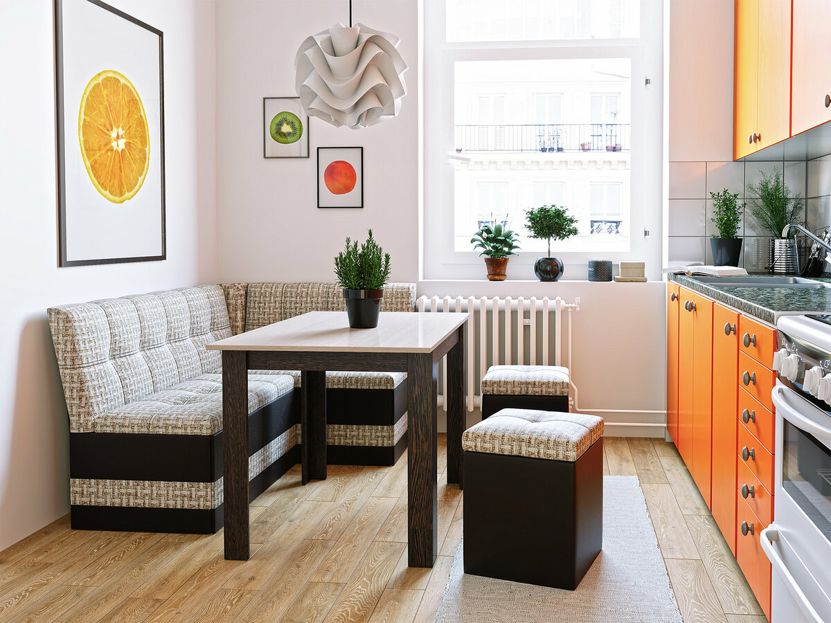 bếp 9 mét vuông với ghế sofa