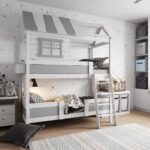 stapelbed met een huis boven