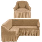 housse de canapé d'angle beige avec jupe