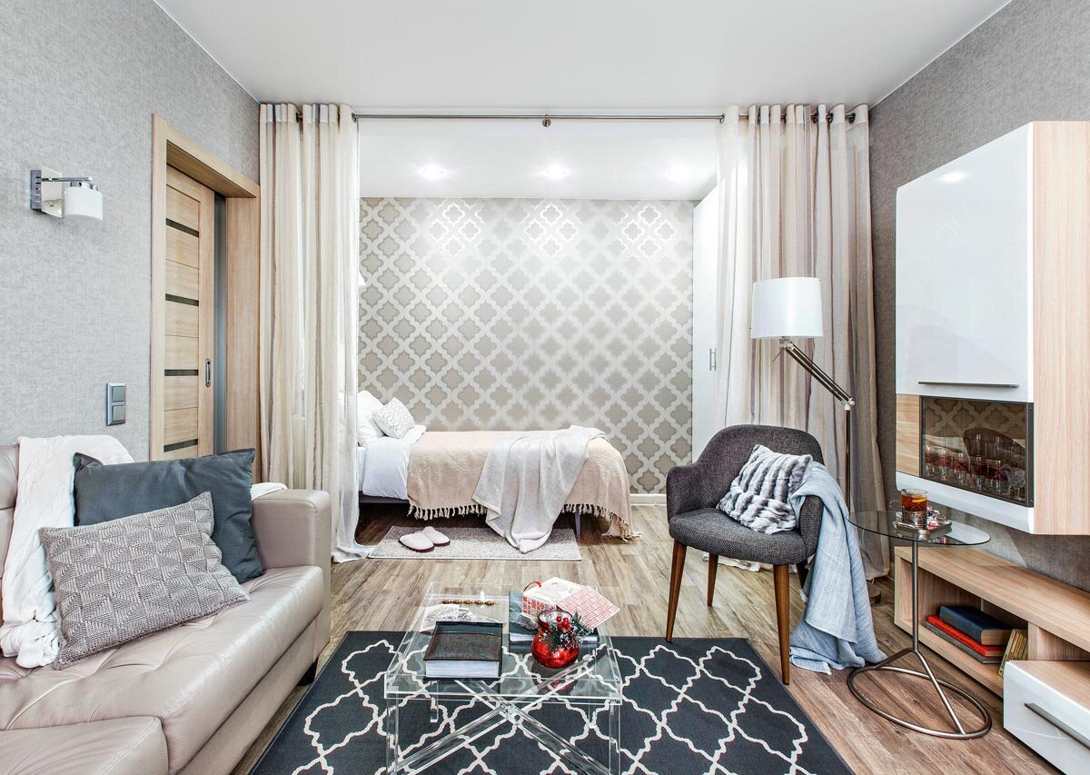 zonage de la chambre et du salon avec rideaux