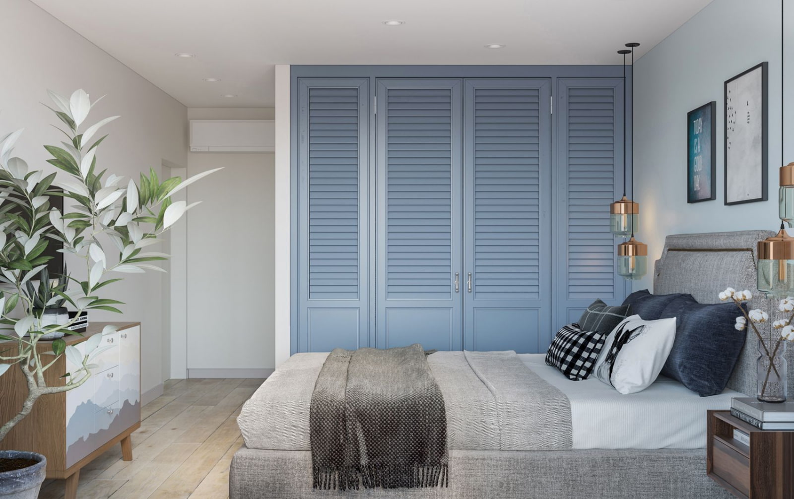 disposition asymétrique des meubles dans la chambre