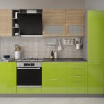 green kitchen with wood cabinets
