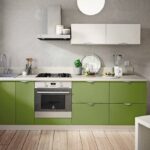 green kitchen with wood floor