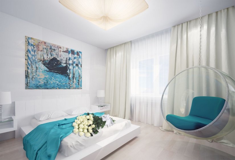camera da letto bianca con accenti luminosi