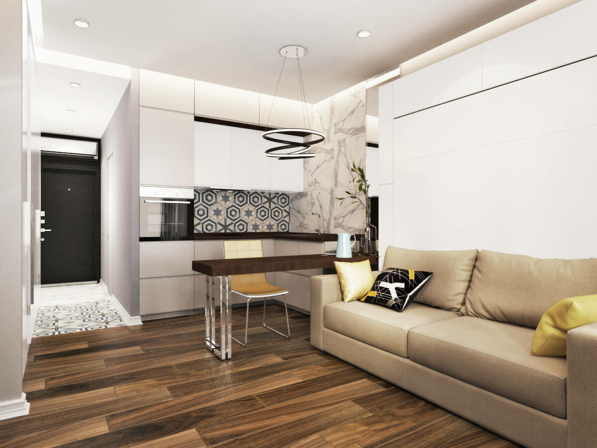 cuisine 15 m² avec décor canapé