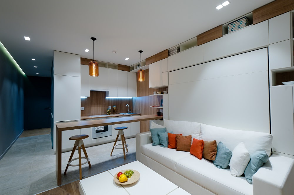 cuisine 15 m² avec des idées de design de canapé