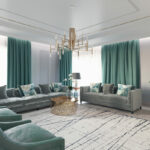 mint curtains in a large room