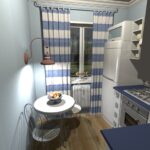 cozinha com cortinas listradas