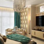 Türkisfarbene Vorhänge in beigem Interieur