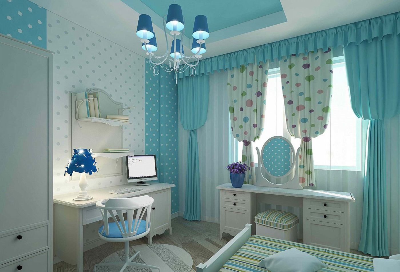 polka dot gordijnen met blauw behang