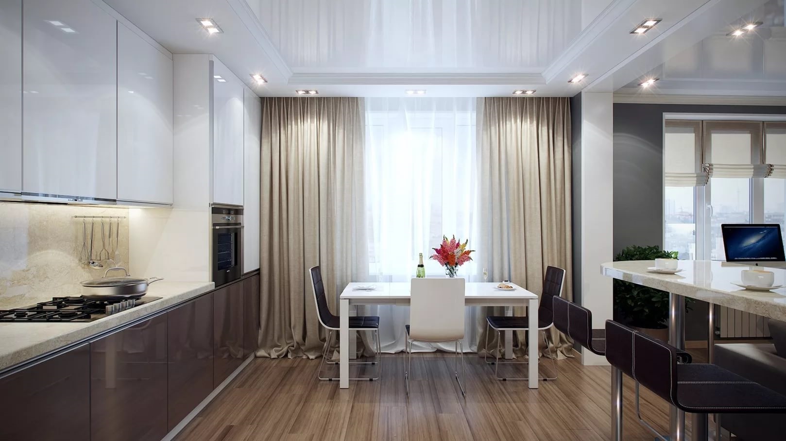 rideaux high-tech dans la cuisine-salon.