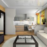 rideaux dans la cuisine-salon jaune avec un motif