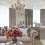 rideaux gris dans la cuisine-salon