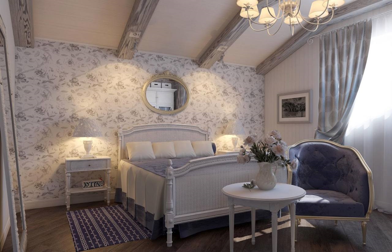 Ahşap bir evde Provence perdeleri