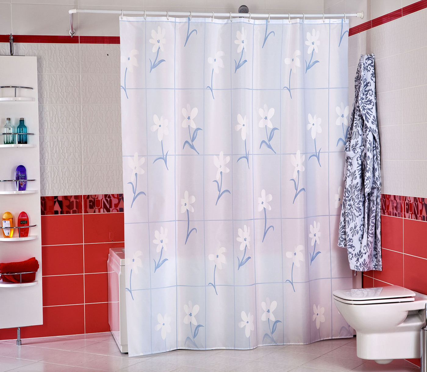cortina de tela para ideas de diseño de baño
